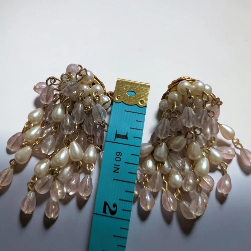 Vintage Faux Pearl Pink Bead Cascade Clip On Earrings, Cottagecore Jewelry